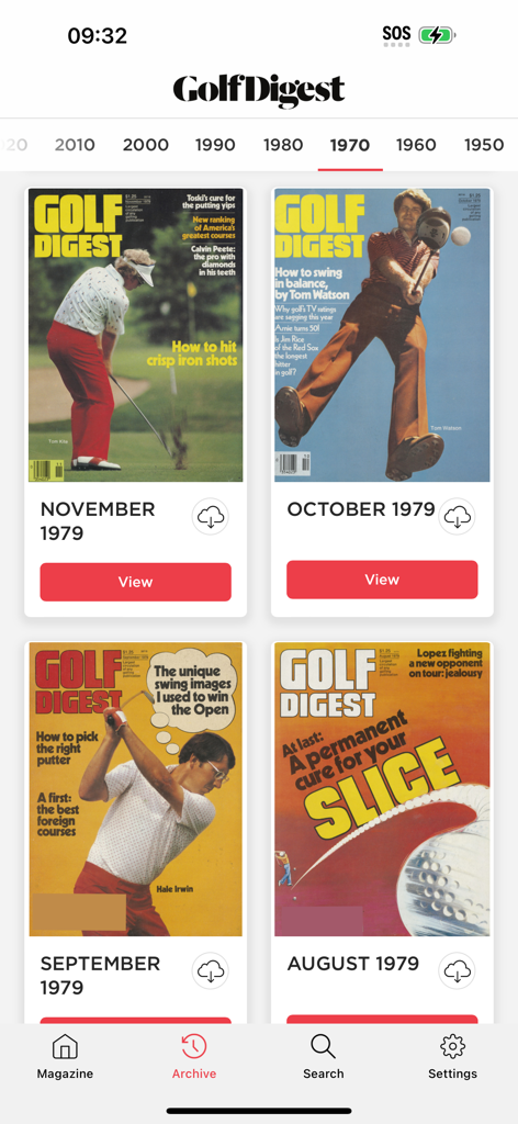Golf Digest Magazine - The archive section of the Golf Digest app featuring magazine covers from 1979
