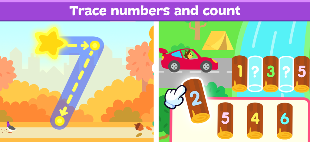 Bildungsoberfläche für Apps, die zeigt, wie ein Kind die Zahl Sieben nachzeichnet und eine Zählsequenz mit Baumstämmen abschließt.