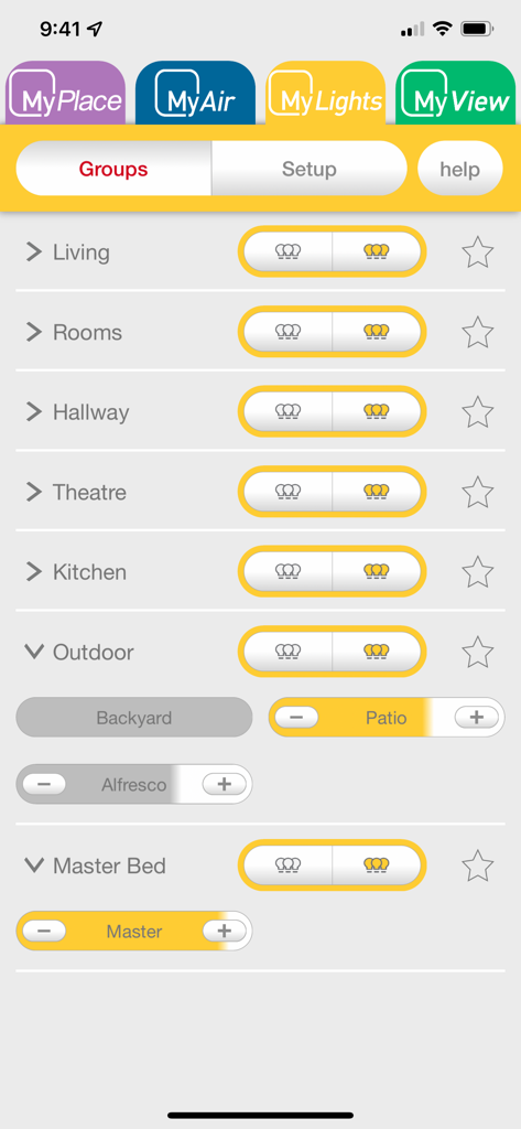 MyPlace app interface showing lighting control groups for different rooms in a smart home