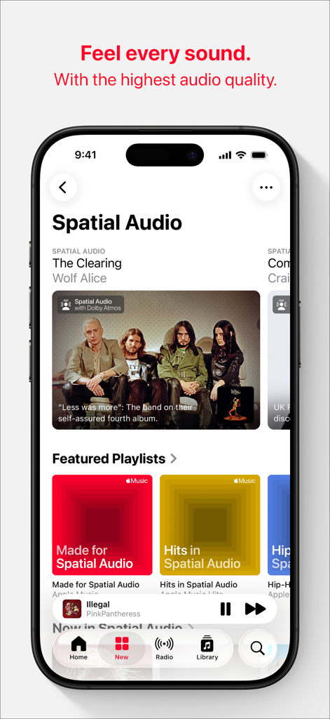 Apple Music - Apple Music app interface on iPhone displaying spatial audio and dolby atmos music features.