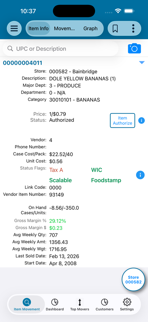 BRdata Cloud - A mobile screen from the BRdata Cloud app showing detailed inventory and pricing information for a produce item including sales margins and weekly averages.
