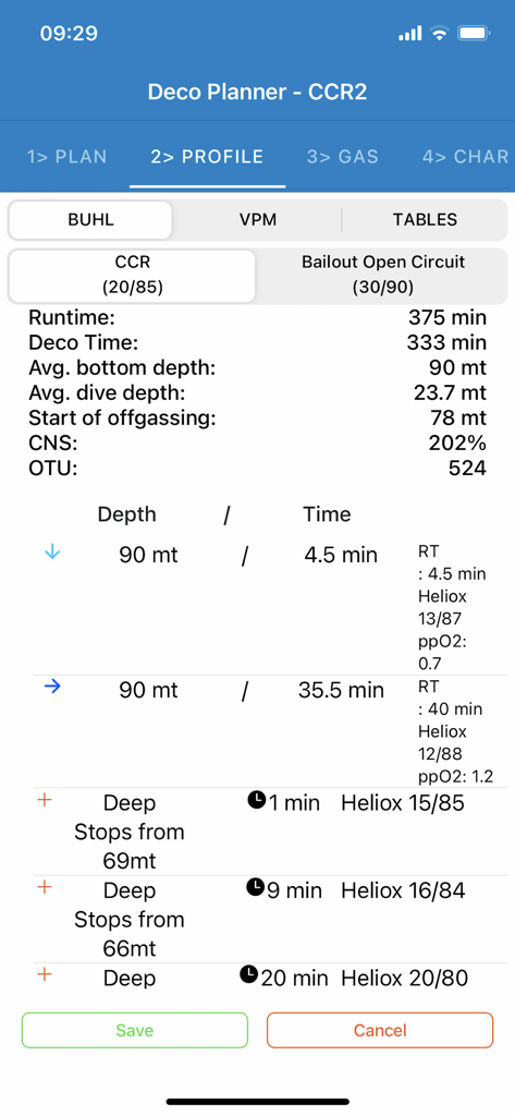 DecoPlanner mobile - Interface de profil de plongée technique dans l'application mobile DecoPlanner montrant les données de décompression et les mélanges de gaz pour la plongée CCR