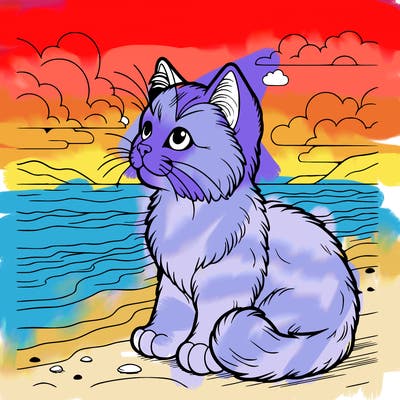 a realistic cat at the beach looking into the sky