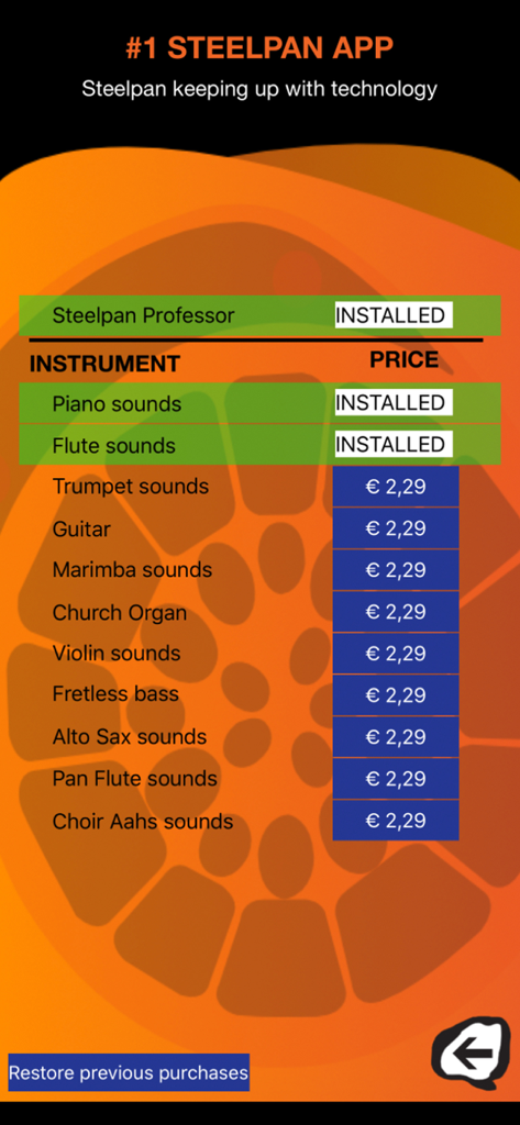 Steelpan App PRO V2 - In-app purchase screen for Steelpan App PRO V2 showing available musical instrument sounds and the Steelpan Professor feature.