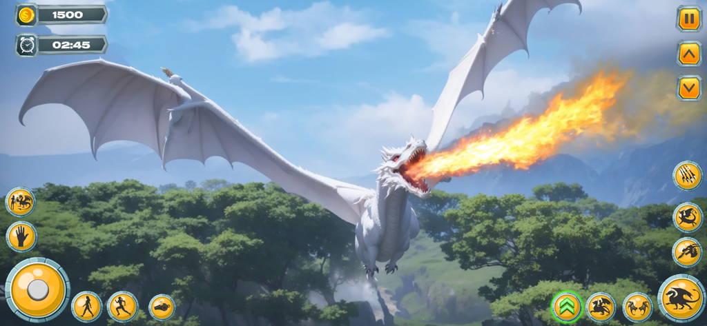 Um dragão branco cuspindo fogo enquanto voa sobre uma selva exuberante em Rise of Dragon Family Quest