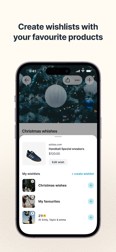 GoWish - Your Digital Wishlist - Un écran mobile de l'application GoWish montrant une liste de souhaits de Noël avec des détails de produits spécifiques comme des baskets Adidas