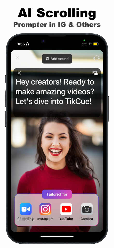 Teleprompter TikCue - Teleprompter TikCue interface showing a floating script over an Instagram video recording screen with a smiling creator.