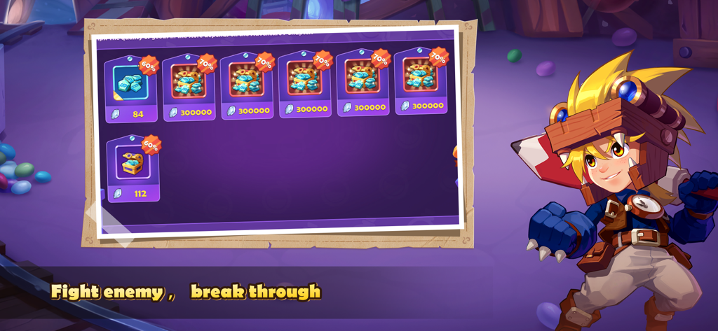 Legend of Arcadia - Legend of Arcadia in-game shop interface with toy-like hero and reward chests
