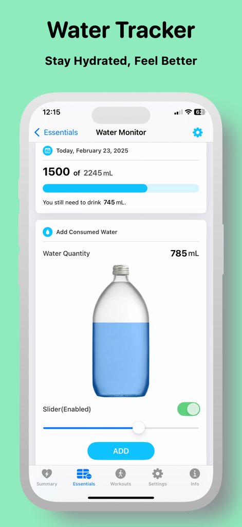 Vital Signs: My FitWidget - Interface of the Vital Signs app showing a water tracker with daily hydration goal progress and intake logging