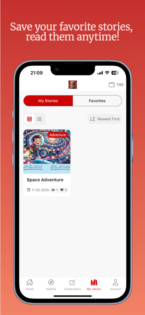 Storyland AI app interface showing the My Library screen with a saved children's story titled Space Adventure