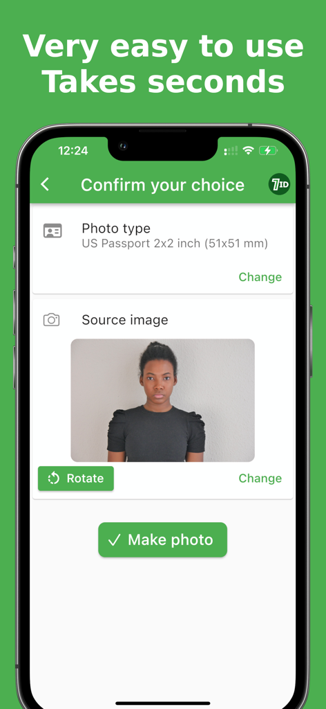 7ID: passport photos - User interface of 7ID app showing the confirmation screen for a US passport photo selection