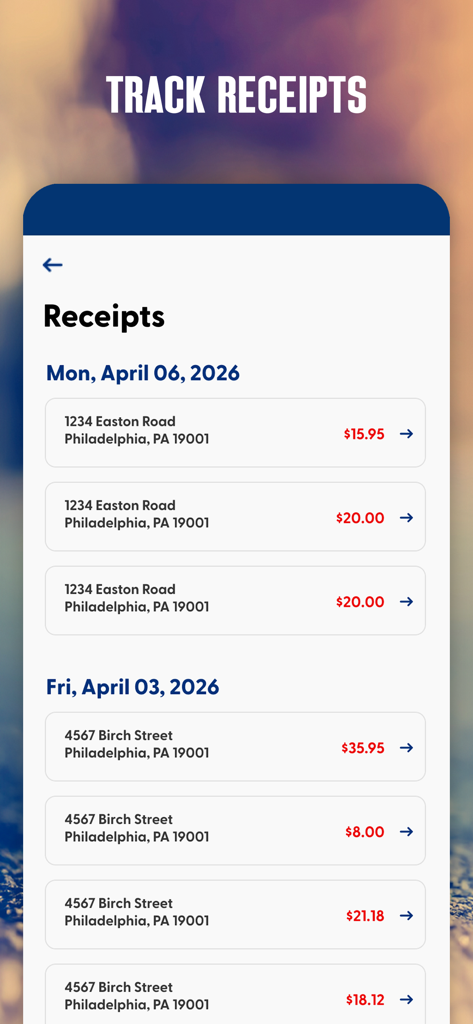 A list of digital gas receipts in the Sunoco GO REWARDS app showing dates locations and purchase amounts