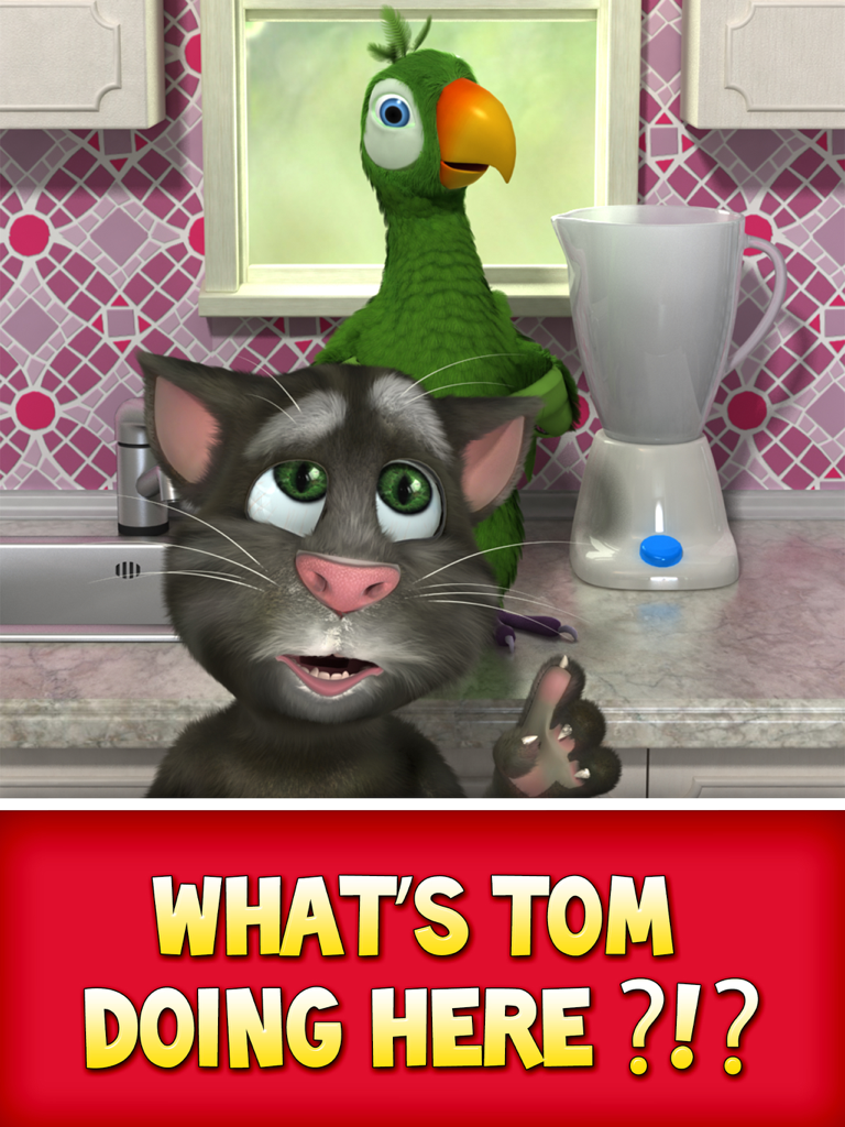 Talking Pierre and Talking Tom in a kitchen setting