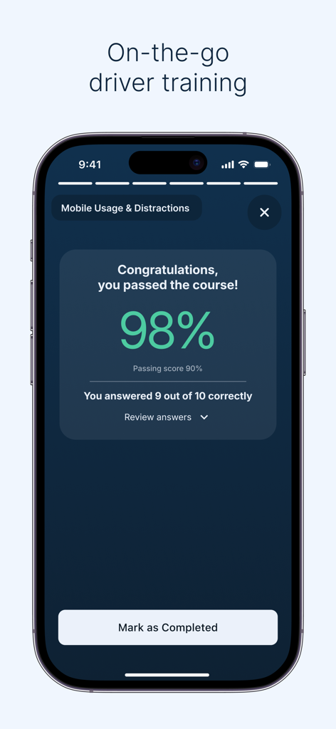 Samsara Driver app showing a passed safety training course result for mobile usage and distractions