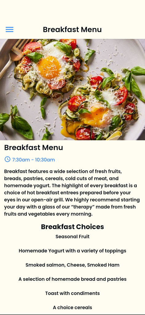 East Winds 앱의 디지털 아침 메뉴로, 미식 달걀 요리와 리조트 다이닝 옵션을 보여줍니다.