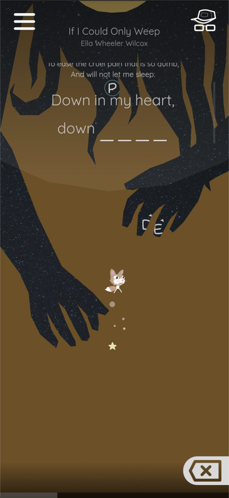 Scattered Verse - A minimalist gameplay screen of Scattered Verse featuring a poem by Ella Wheeler Wilcox and a small fox character in an indie art style.