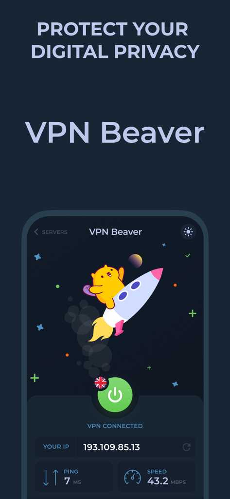 VPN Master Secure VPN proxy - Interfaccia dell'app Beaver VPN che mostra una connessione sicura con dettagli su velocità e ping.