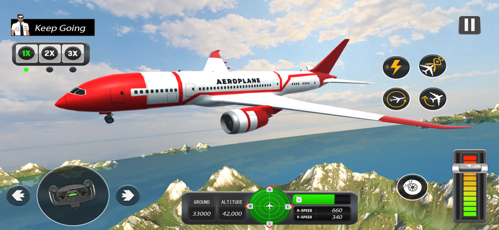 A red and white commercial airplane flying over a coastal mountain range in Aircraft Flight Simulator 2024.