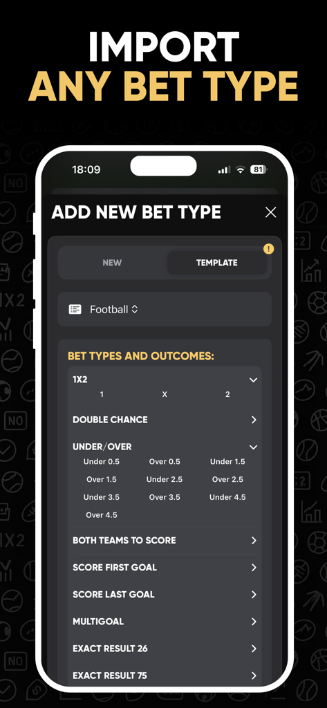 Interfaccia dell'app Betty per importare e aggiungere vari tipi di scommesse calcistiche e risultati