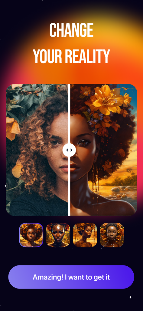 Imagine AI - Image generator - Una comparación lado a lado de un retrato real transformado en una pieza de arte digital estilizada generada por IA.