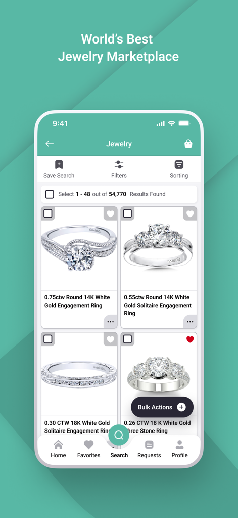 VDB - Virtual Diamond Boutique - VDB app interface showing a selection of white gold diamond engagement rings with search and filter options