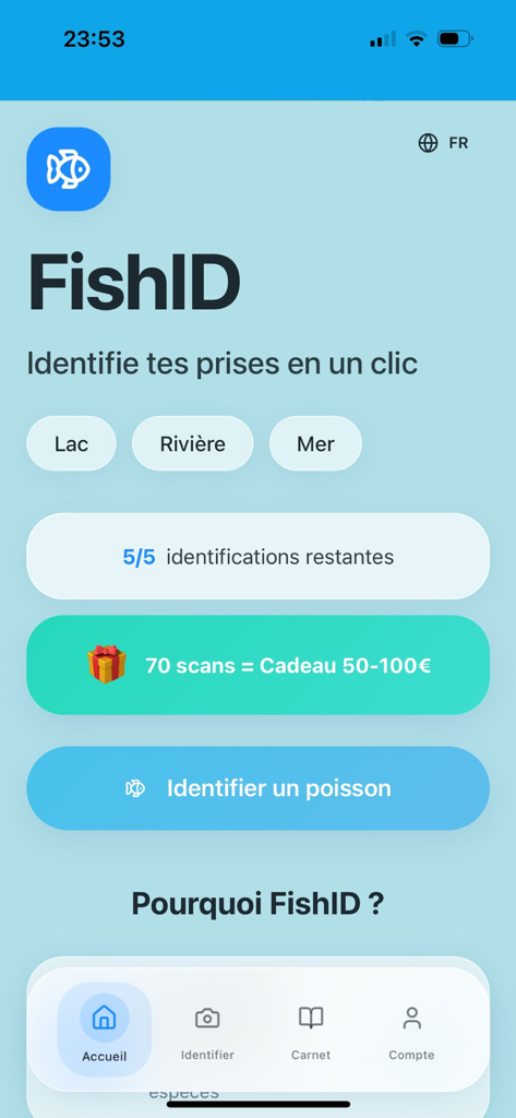 FishScan - Home screen of the FishScan app showing the fish identification interface