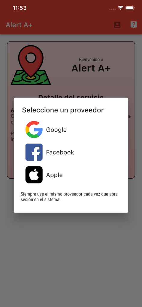 Alert A+ login screen with options for Google Facebook and Apple sign in