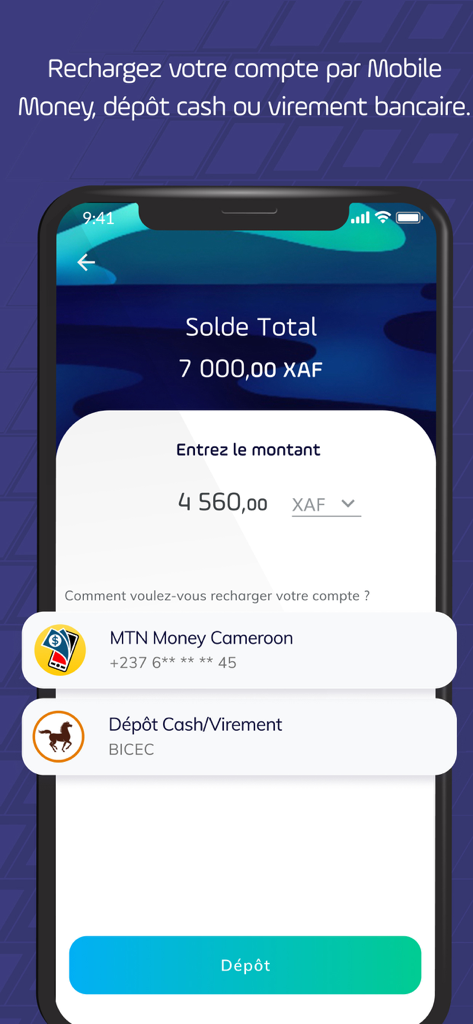 PaySika app screen showing deposit options for mobile money and bank transfers in XAF currency