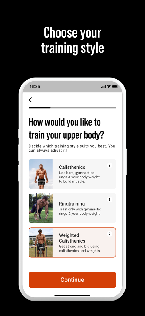Screen for choosing between calisthenics ring training and weighted calisthenics training styles