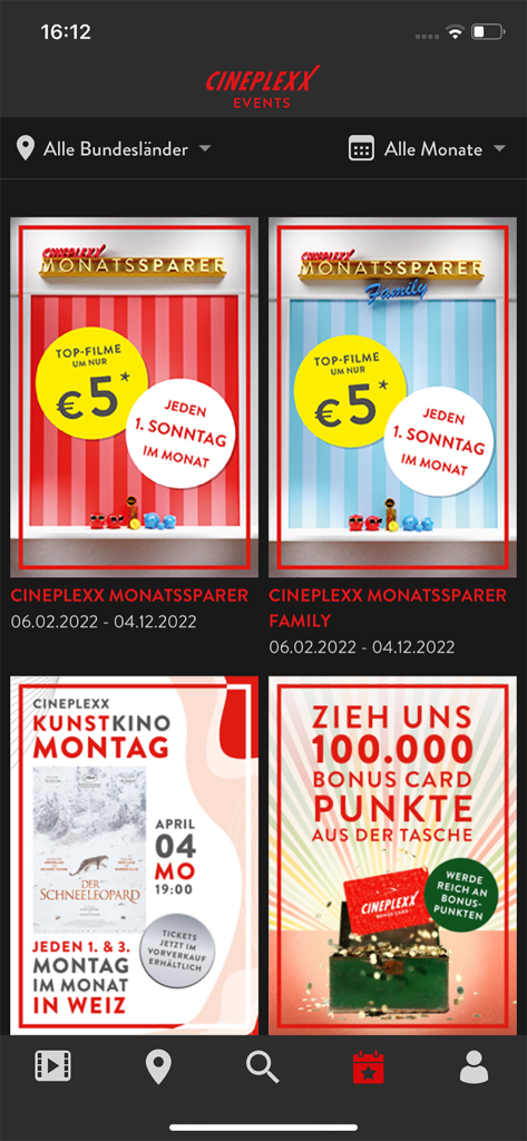 Écran d'événements et promotions de l'application Cineplexx AT affichant des promotions de films et des offres de programme de fidélité.