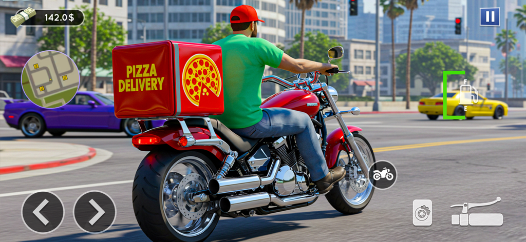 A pizza delivery rider on a red motorcycle navigating city traffic in a 3D simulator game