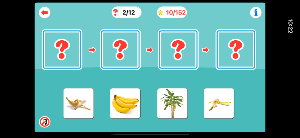Sequences for Kids Pro - Educational game screen for kids showing a banana sequencing puzzle with four steps