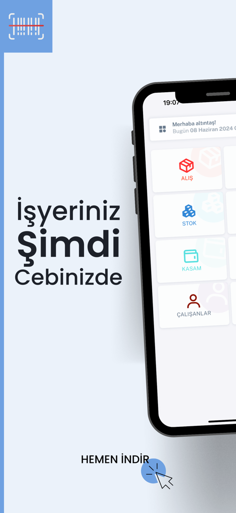 Interfaz de la aplicación BarkodPOS Gsm en un smartphone mostrando funciones de gestión de stock y ventas
