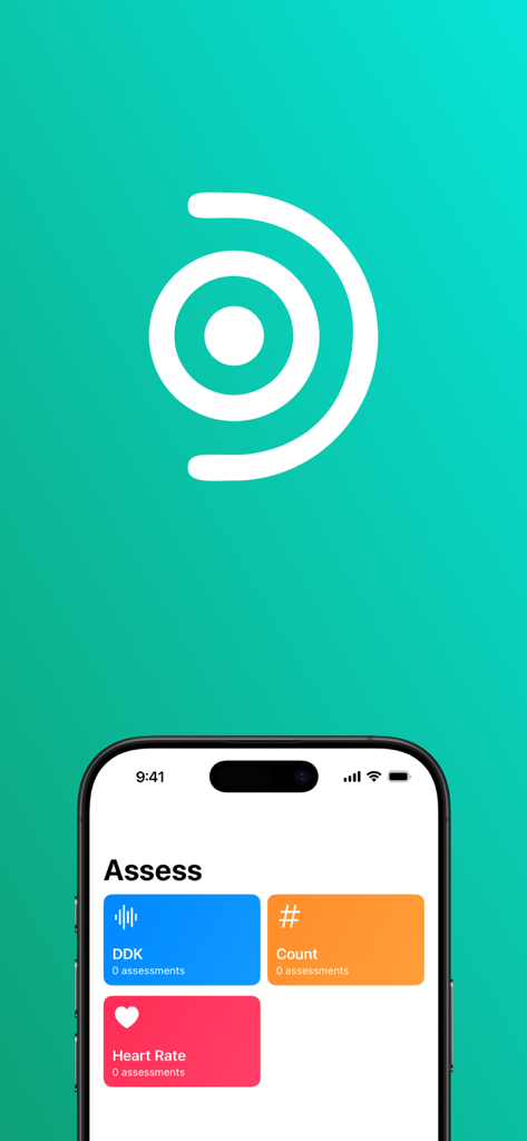 DDK Diadochokinetic Assess mobile app home screen showing assessment options for DDK, Count, and Heart Rate.