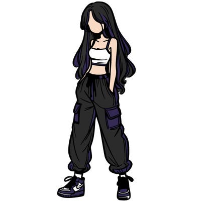 girl in baggy pants crop top and long hair