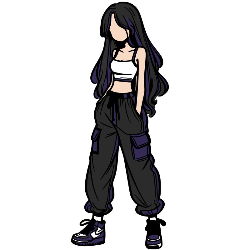 girl in baggy pants crop top and long hair