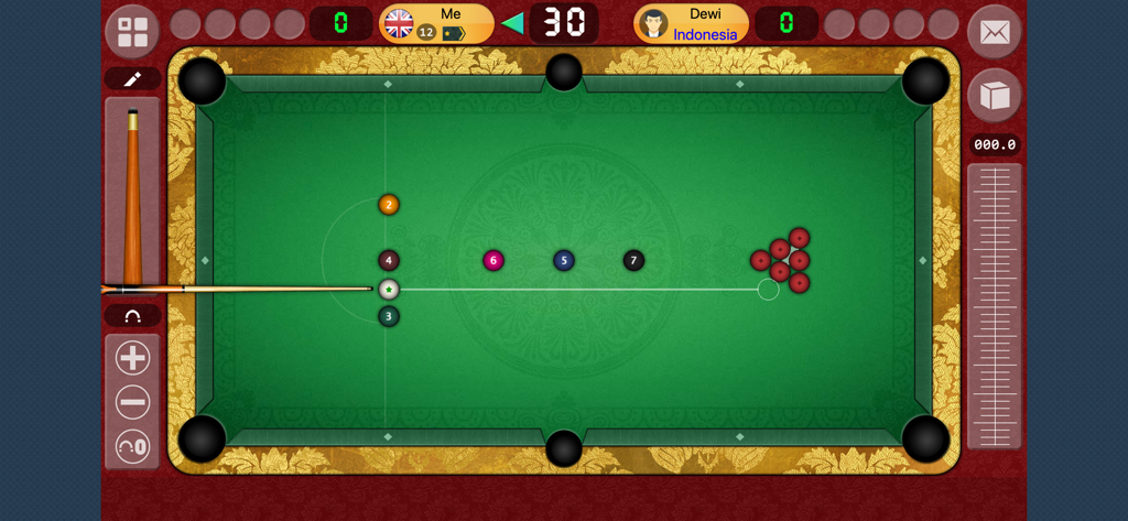 Top down view of a multiplayer pool match on a green billiards table