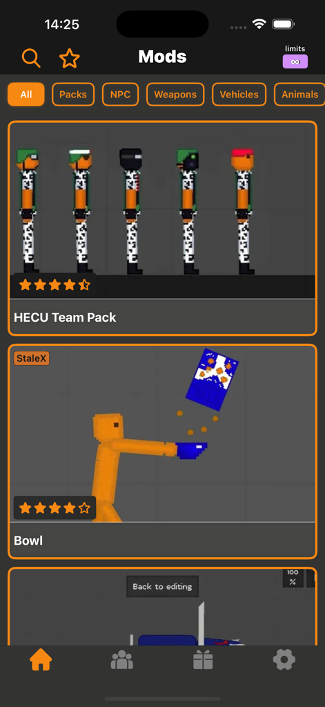 Fruit Mods for Fruit PG! - Screenshot of the Fruit Mods app interface showing mod packs for characters and items