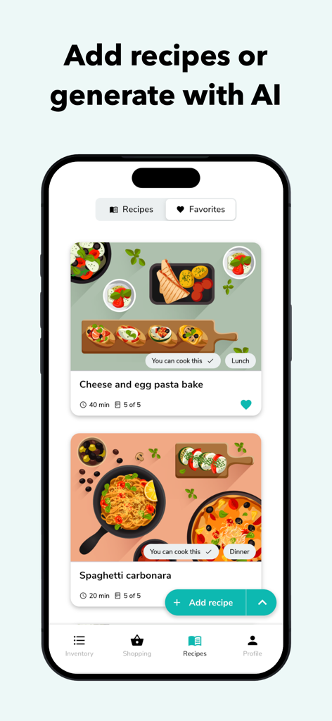 Interface do aplicativo NoWaste mostrando uma lista de receitas como lasanha e carbonara que podem ser cozinhadas com base no inventário de alimentos atual com sugestões de IA.