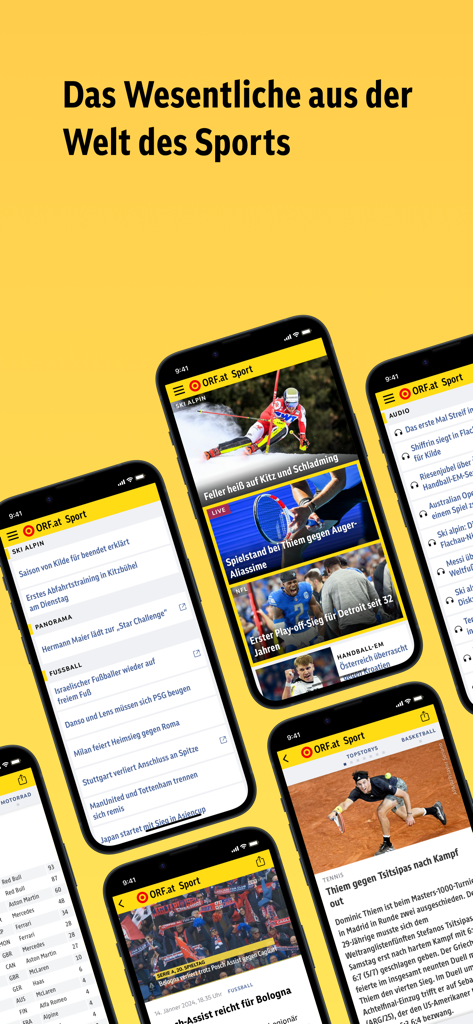 ORF.at Sport - Diversi iPhone che mostrano l'app ORF.at Sport con varie notizie sportive e aggiornamenti live in tedesco.