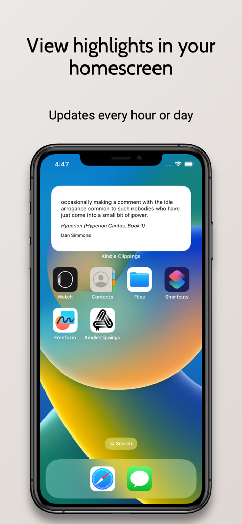 Kindle Clippings - Una pantalla de inicio de iPhone que muestra un widget de Kindle Clippings mostrando un resaltado de libro de Hyperion de Dan Simmons.