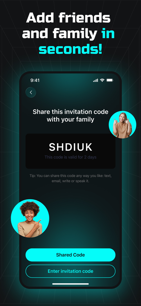 LoveTracker app screen showing a unique invitation code to quickly add friends and family.