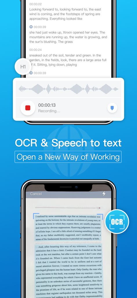 Notehot - notes&voice text - Captura de pantalla de la aplicación Notehot que muestra funciones de grabación de voz a texto y escaneo de documentos OCR en dos iPhones