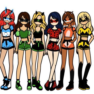 a group of girls wearing crop tops and shorts