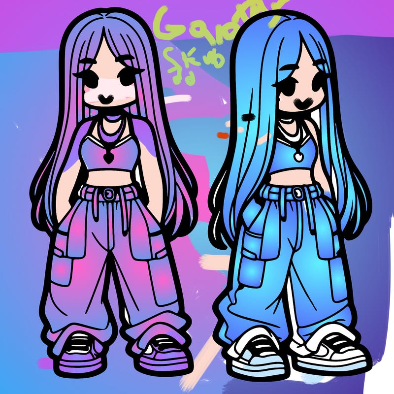 girl in baggy pants crop top and long hair