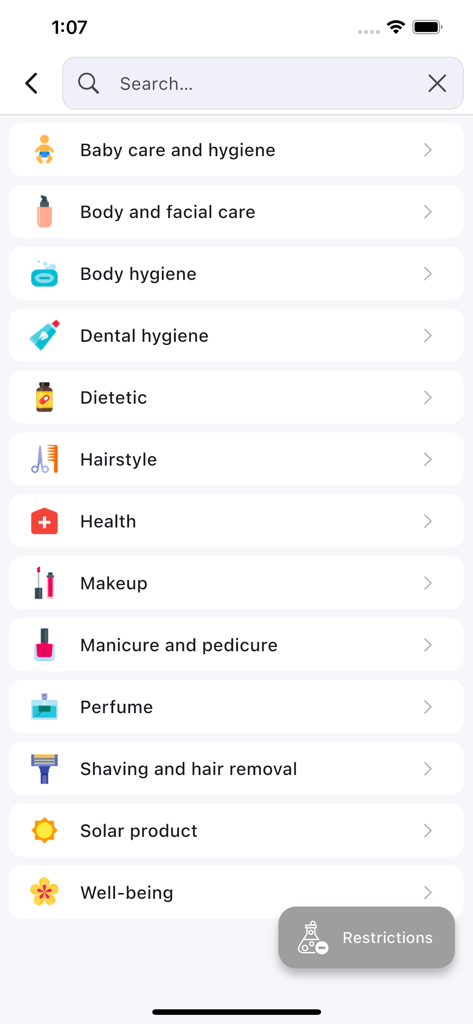 List of product categories for ingredient analysis in the INCI Beauty app