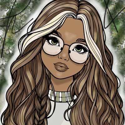 girl with long hair and freckles and glasses realistic