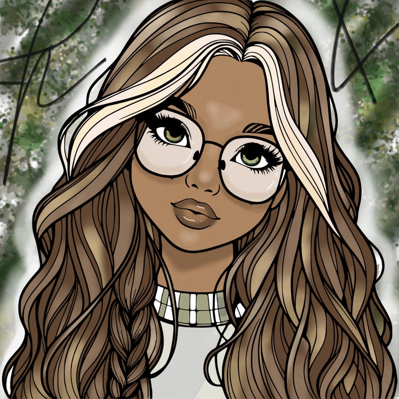girl with long hair and freckles and glasses realistic