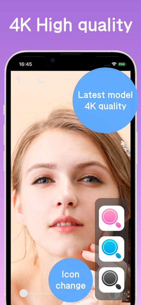 Benutzeroberfläche der Mirror Natural Mirror 4K App, die eine hochwertige Spiegelung und die Funktion zur Änderung von Symbolen anzeigt