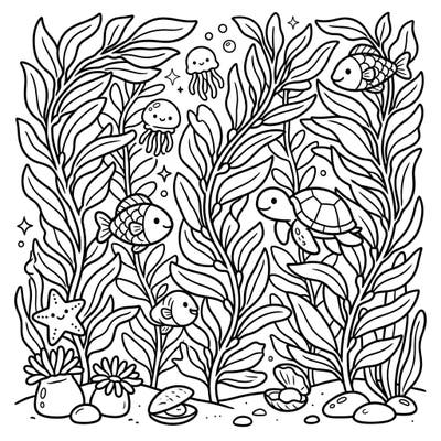 Explore a delightful underwater world with this kelp forest coloring page, perfect for toddlers. Its ultra-thick lines and simple shapes make it ideal for developing motor skills while coloring adorable marine creatures.